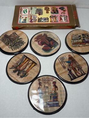Vintage Egyptian Papyrus Round Coasters Set of 6 with Box